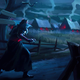A vampire stalks a village at night.
